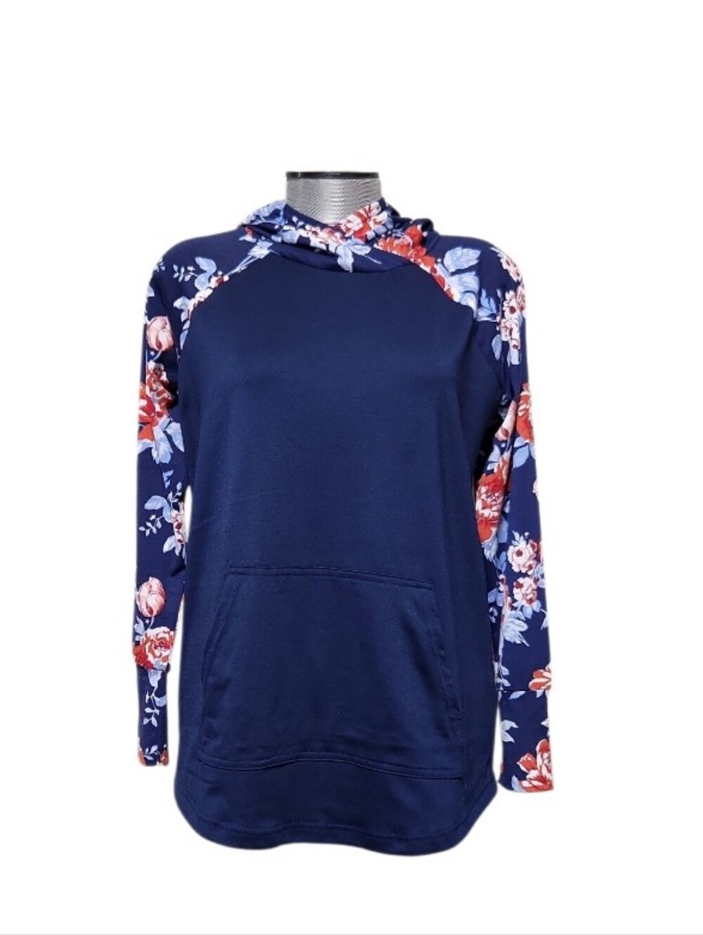 LuLaRoe Amber Hoodie Solid Navy Body Vibrant Floral Raglan Sleeves (M)